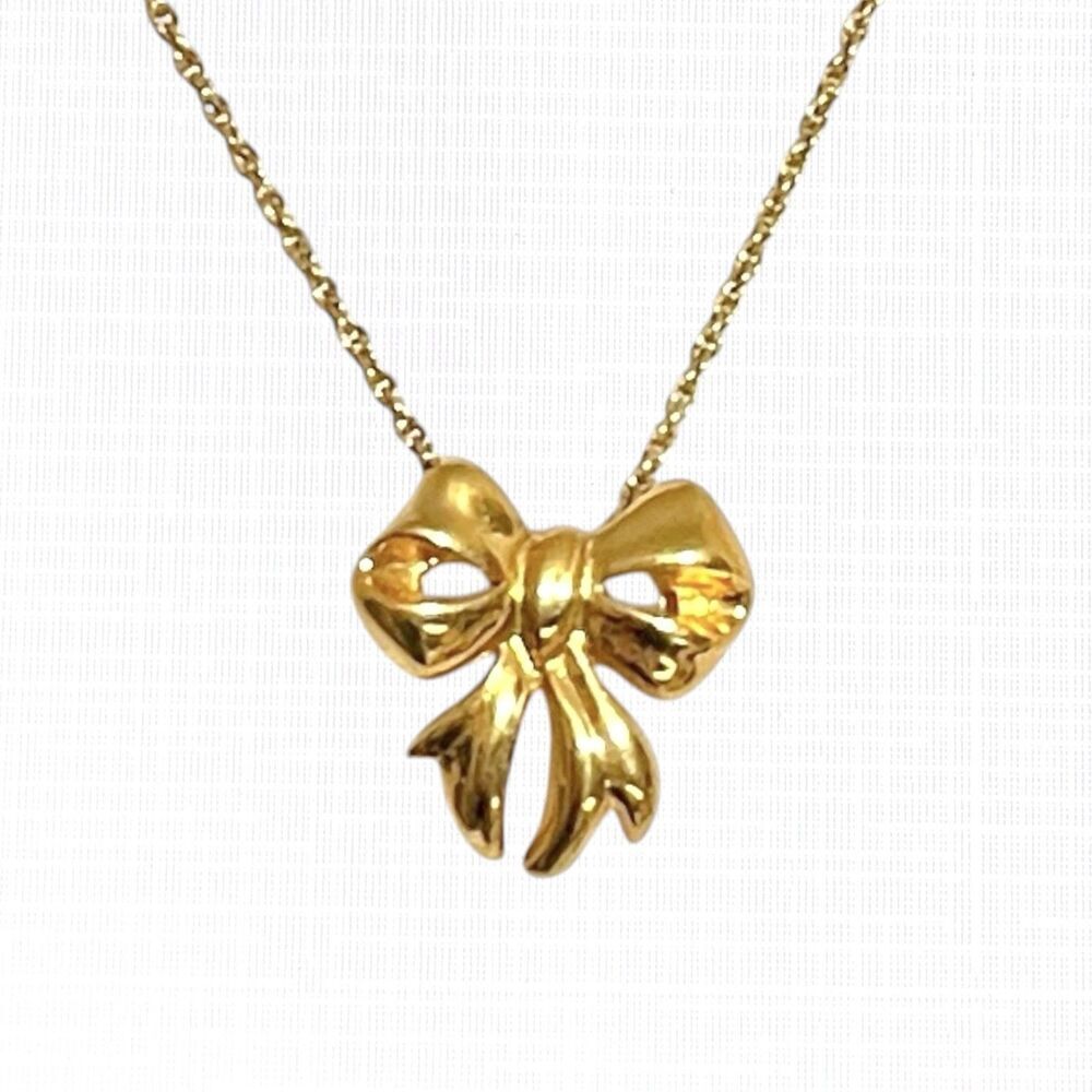 Vintage Bow Pendant Necklace Ribbon Gold Tone Chain 18" Feminine Jewelry Fashion